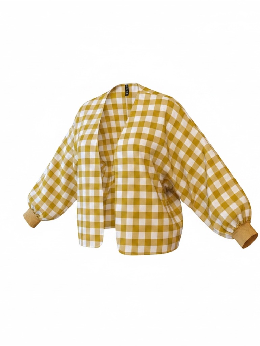 Gingham Open-Front Bomber Cardigan in Yellow & White